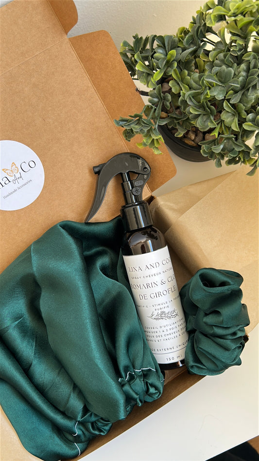 Coffret Soin Bonnet en Soie de Mûriers + Spray Pousse + Chouchou en Soie de Mûriers